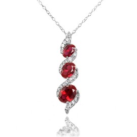Ice Gems Sterling Silver Created Ruby and White Topaz Oval S Design Three-Stone Journey Necklace