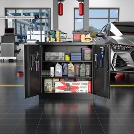 Aobabo 31.5" H Small Garage Storage Cabinet with Pegboard,Lockable File Storage Cabinet with 2 Adjustable Shelves for Garage, Office, School, Assembly Require, Black