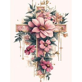 Yezavesu Cross Flower Diamond Art Kits for Adults, Religious 5D Diamond Painting Kit for Beginners, DIY Round Full Drill Painting with Gem Art Craft Kits for Home Wall Decor 12x 16 Inch