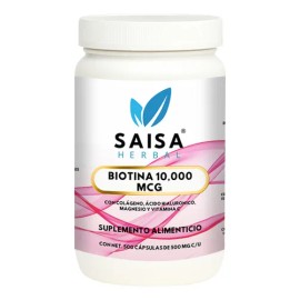 Biotina 10,000 mcg + Colágeno + Ácido Hialurónico + Magnesio | 500 Cápsulas | Cabello, Piel y Uñas | Saisa Herbal Premium