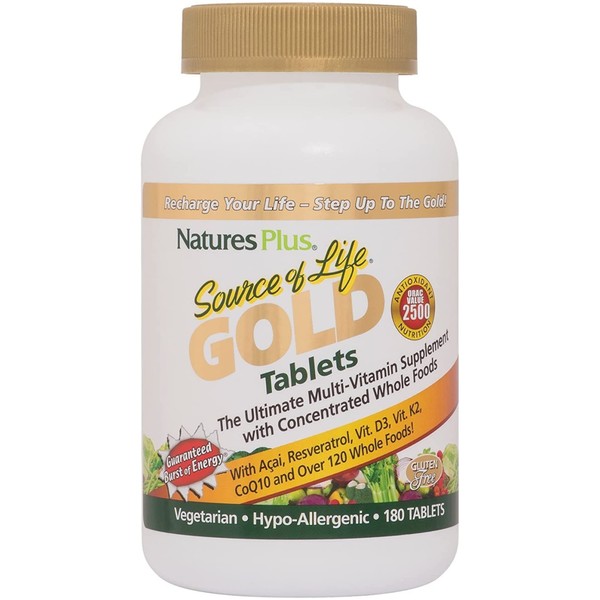 NaturesPlus Source of Life Gold Multivitamin - 180 Tablets - with Vitamins D3, B12 & K2 - Blood, Bone & Immune Support - Vegetarian & Gluten Free - 60 Servings