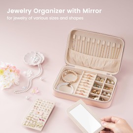 Lolalet Caja Portable para Joyas, Bolsa Multifuncional de Joyería Estuche Joyero Organizador con Espejo para Anillos Aretes Collares Pendientes -M,Rosa