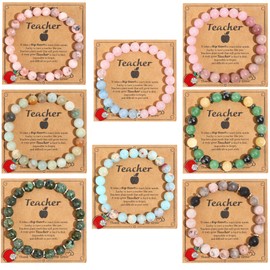 Svovin 8Pcs Teacher Appreciation Bracelets Gifts for Women Men, Natural Stone Teacher Elastic Bead Bracelets Teacher Jewelry Gift