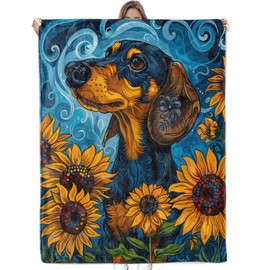 Bidesk Cute Dachshund Blanket - Ultra Soft, Cozy, Lightweight, Warm & Fuzzy Flannel Vibrant Dog & Sunflower Throw Blankets, Perfect for Couch, Bed, Travel & Outdoor Use - for Men Women Adults 60"×50"