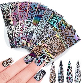 MOLILON Leopard Print Nail Foil Nail Design Stickers Decals Holographic Nail Foils Starry Sky Star Transfer Foil Nail Wraps for Nail Art DIY Decoration - 10 Sheets