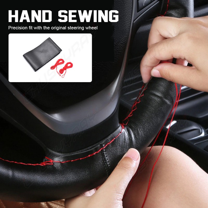 CHUSYYRAY 14 inch Black Car Steering Wheel Cover Leather With