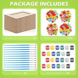 Qilery 24 Sets Wooden Picture Frames for Crafts DIY 4" x 6" Unfinished Wood Craft Photo Frames with Painting Tools and Stickers Painting Picture Frame Kit for Kids Craft Decorate