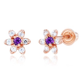 Solid 14K Rose Gold 1.50mm Natural Purple Amethyst February Birthstone Screwback Earrings For Women | 5x5mm Flower | 1mm Pave Created White Sapphire Flower Screwback Earrings For Women
