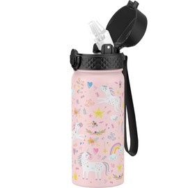 GOPPUS Kids Water Bottle (Straw Lid) - 18 Oz Stainless Steel Travel Bottle, Double Wall Vacuum Leak Proof Kids Cup for School Boys Girls,Unicorn Fields
