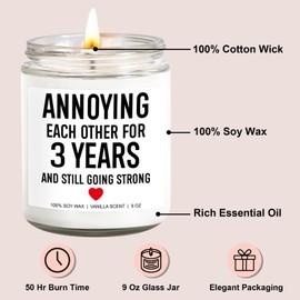 Younift 3 Years Candle, 3 Year Anniversary, Gifts for Him, Her, 3rd Anniversary, Gifts for Husband, Wife, Couple, Boyfriend, Girlfriend, 3rd Wedding Anniversary, Funny Gifts, Leather Anniversary