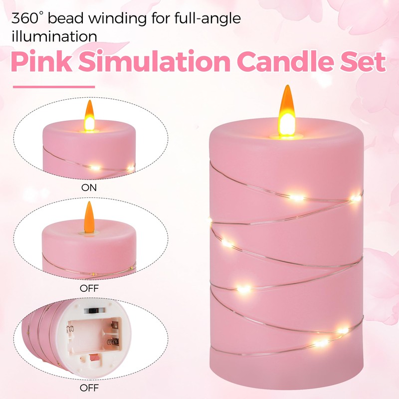 Fanzir Rose Pink Flameless Candles with String Lights Battery Operated