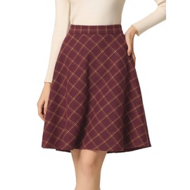 Allegra K Women's Christmas Costumes Plaid High Elastic Waist Knee Length Checked A-line Skirt Burgundy L