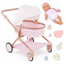 LullaBaby – 14-Inch Doll & Twin Stroller Accessories Set – Foldable Canopy & Storage Basket – Pink & Golden Stars Design – Pretend Play 2+ Years– Doll Double Stroller Set