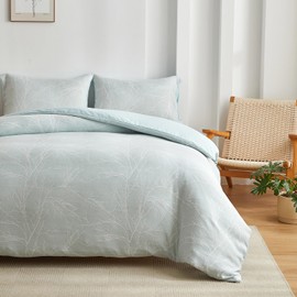 ARYURBU Twin Size Duvet Cover Set, 2Pcs Microfiber Double Yarn Jacquard Comforter Cover, Breathable Ultra Soft Branch Floral Bedding Set with 1 Pillow Sham for All Season Use, Green