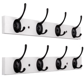 VERTORGAN Coat Hooks Wall Mounted, Wooden Hat Rack with 4 Hooks for Entryway, Bathroom,Bedroom(2 Pack,White)