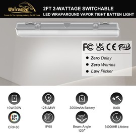 2FT LED Vapor Tight Emergency Light, Battery Backup, IP65 IK08, 10W(1250lm)/20W(2500lm) Selectable, 5000K, 100-277V, Outdoor Waterproof Shop Light, Vapor Proof Lighting Fixture for Carport, FCC Listed