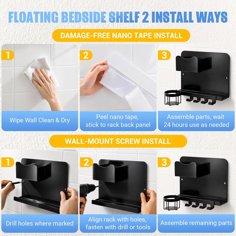 Metal Bedside Wall Shelf, No Drill Floating Bedside Shelf Wall