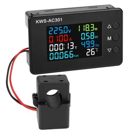 DROK AC 8-in-1 LCD Monitoring Meter 50-300V 100A Voltage Current Power Factor Frequency Power Energy Clock Temperature Monitor Current Meter Voltage Meter Multimeter Tester with Open/Close CT 110V