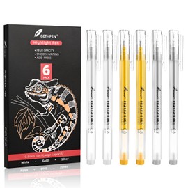 GETHPEN 0.8mm Extra Fine Point 6 Pack Gel Pen Set White,Gold and Silver Gel Ink Pens for Artists,White Gel Pen,White Ink Pen,White Pens for Black Paper,White Pen for Artists Drawing
