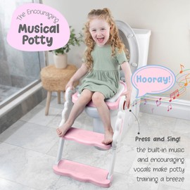 bebeleh Musical & Sound Toddler Potty Training Seat w/Step Stool Ladder - Collapsible & Adjustable Toilet, Pre Assembled Toddler Toilet Seat w/Music & Sounds - Splash Guard & Anti-Slip Steps - Pink
