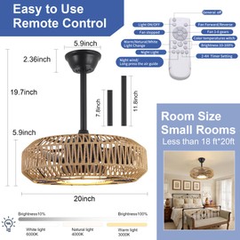 20 Inch Boho fandiliers with Lights Flush Mount Outdoor LED Rattan Caged Ceiling Fan with Light Remote Control 6 Speeds 3 Color Temp. Low Profile Fan Lights for Bedroom, Nursery, Living Room, Kitchen