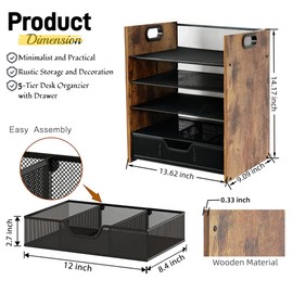 Boershun Wood Desk Organizer - 5-Tier Desktop File Organizer with Drawer, Wooden Paper Tray, Office Desk Organzier and Accessories for Papers, Mail, Notebooks, Stationery