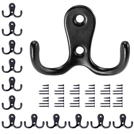 Gorffy Door Hooks 12PCS, Retro Black Double Heavy Duty Metal Coat Hook with 48 Screws for Hanging, Robe, Towel, Coat, Bag & Hat (Black, 12PCS)