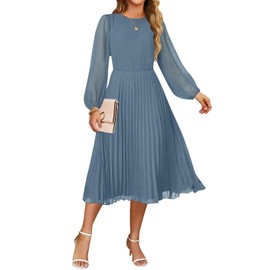 ZESICA Women's Fall Long Sleeve Dresses 2025 Casual Crewneck Chiffon Swing Pleated A Line Cocktail Party Midi Dress,Dusty Blue,Medium