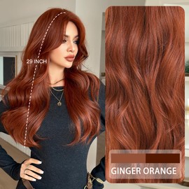 7JHHWIGS 28in Auburn Red Long Wavy Curatain Bangs Wigs Natural Reddish Brown Heat Resistant Synthetic Fiber Women Long Wacy Curly Wigs for Chrismas Daily Party Daily Used
