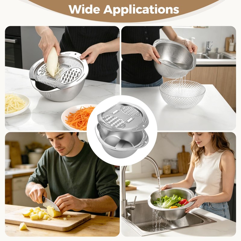 Rice Washer Strainer Bowl with Grater Lid, Stainless Steel Multi-function