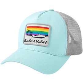 BASSDASH Trucker Hat Embroidered Patch Adjustable Baseball Cap Mesh Back Fishing Hat, Salt Air/Rainbow Boat, One Size