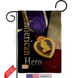 Breeze Decor GS108407-DB Purple Heart Hero Burlap Americana Military Veteran Decorative Gift Vertical 13" x 18.5" Double Sided Garden Flag Set Metal Pole Hardware Made in USA