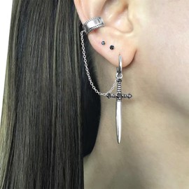 Gothic Sword Earrings for Men Women Punk Hinged Chain Hoop Earrings for Women Men Retro Rock Hip Hop Jewelry, Medium, Metal, No Gemstone