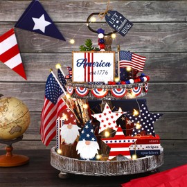 FoldTier 18 Pcs Memorial Day Tiered Tray Decor Set Rustic Patriotic Independence Day Decoration Glow Vintage Farmhouse 4th of July Tiered Tray Sign Wooden Red White Blue Decor for Table(Gnome)