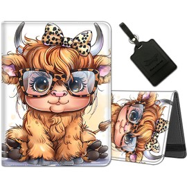 Passport Holder for Travel with Luggage Tag, PU Leather Passport Wallet with RFID Blocking for Women Men, Multi Card Slot Passport Cover Case, Highland Cow Cute Leopard Bow Baby Cow
