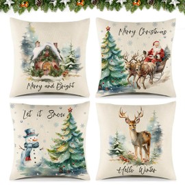 VeIef Set of 4 Cushion Covers 45 x 45 cm Christmas, Linen Decorative Cushion Cover Christmas, Christmas Cushion Covers with Motifs of Elk Snowman Santa Claus Wooden Houses (45 x 45 cm)