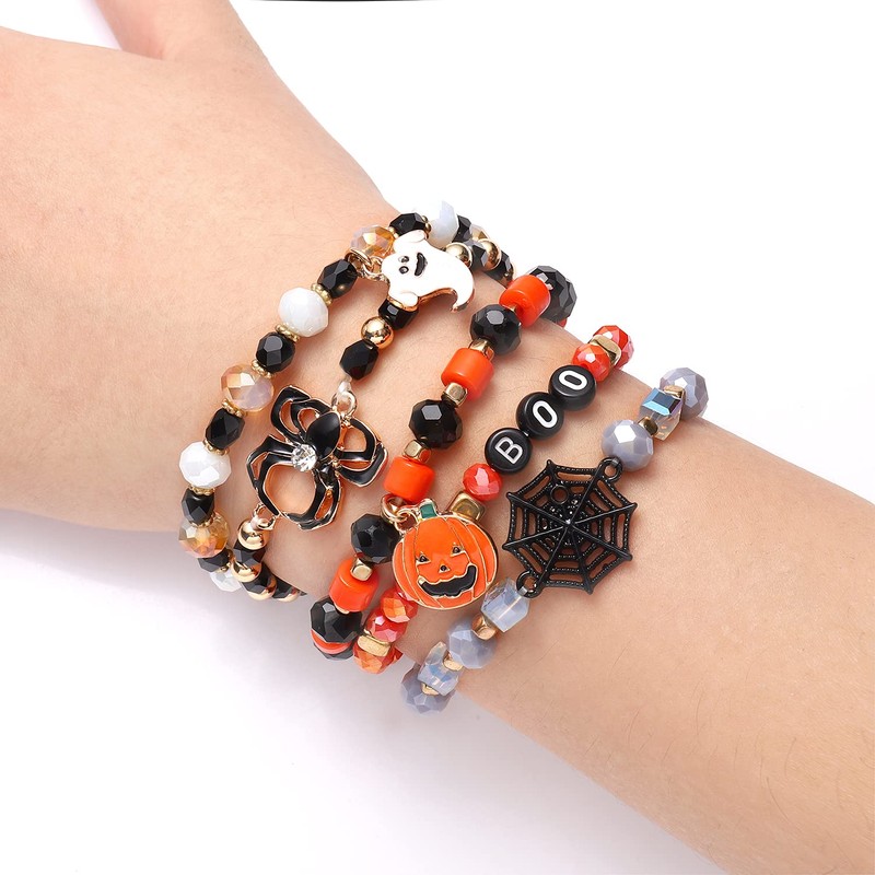 Halloween Beaded Bracelets Pumpkin Spider Ghost Charms Bracelets BOO Happy
