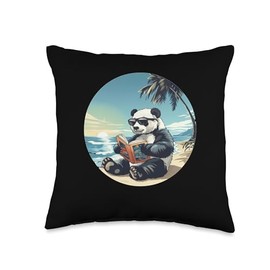 Cute Summer Aesthetic Panda Reading Book Throw Pillow
