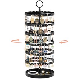 iDavosic.ly 6 Tier Rotating Earring Holder Organizer with Metal Tray, Adjustable Plastic Dangle Display Stands Tree with 342 Grooves, Large Hoop Storage Rack Tower, Black