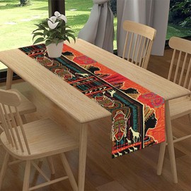 Traditional African Table Runner, African Women Drum Native Abstract Geometric Rustic Tribal Pattern Ethnic Style Table Setting Decor for Kitchen Dining Patio Holiday Party Indoor Outdoor 13x72