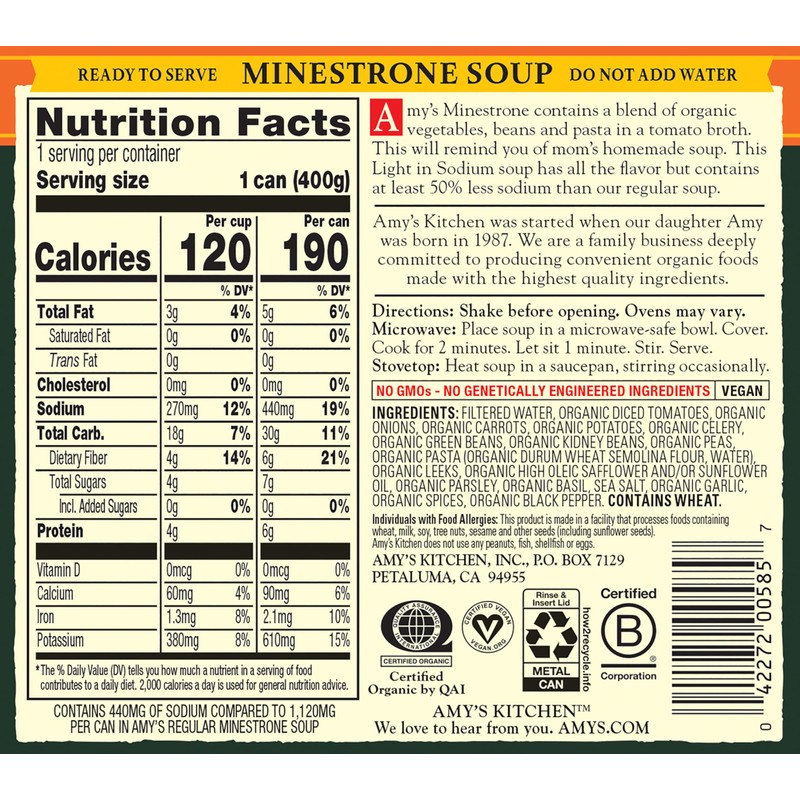 Amy’s Soup, Vegan Minestrone, Light in Sodium, Made With Organic
