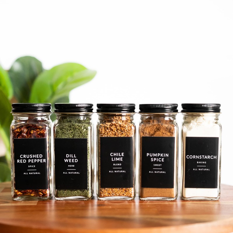 Black Spice Labels for Glass Jars, 148 Spice Jar Labels