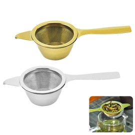 Bekecidi 2 Sets Tea Filter, Tea Accessories Stainless Steel Tea Strainer with Drip Bowl, Long Handle Tea Residue Filter Tea Leaf Mesh Sieve, Gold and Silver