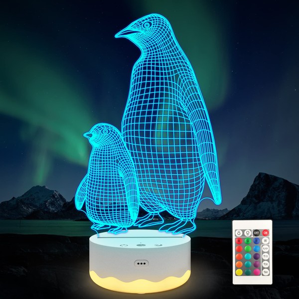 Ammonite Penguin 3D Night Light for Kids, 16 Colors Changing Illusion Lamp with Remote Control Dimmable Timer Function, Kids Bedroom Decor Gifts for Boys Girls