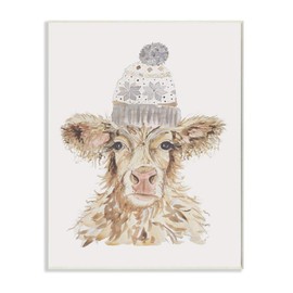 Stupell Industries Cow with Beanie Hat Winter Farm Watercolor Painting, Design by Hollihocks Art, 10 x 15, Wall Plaque