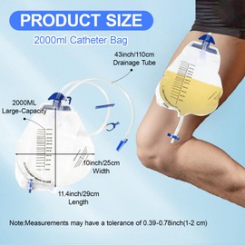 5Pack 2000mL Urinary Drainage Bag for Men and Women, Catheter Bags with Anti-Reflux Chamber, Disposable Urine Bags with 43" Thickened Drainage Tube, Clips and Hanging Hook