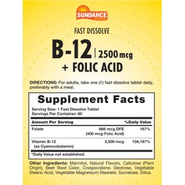 Sundance Fast Dissolve Vitamin B-12 | with Folic Acid | 2500mcg | 60 Count | Natural Berry Flavor | Vegetarian, Non-GMO, and Gluten Free Supplement
