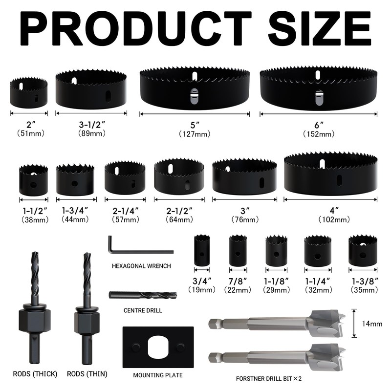 METOTY 22PCS Hole Saw Set - High Carbon Steel 19-152mm（3/4"