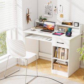 Tangkula White Desk with Drawer & Keyboard Tray, Home Office Desk with Built-in Charge Station & Adjustable Shelf, Study Writing Table with Hutch, Modern Computer PC Workstation