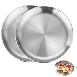 BOBOZHONG Stainless Steel Round Tableware, Set of 2 Silver Saucers Silver Stainless Steel Plate Diameter 20 cm Stainless Steel Plate Camping Plate Set for Dining Room Camping Kitchen Party